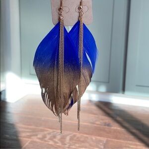 Blue and Gold Feather Earrings Size: 5.2" drop with chain